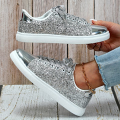 Glitter Faux Leather Flat Skate Shoes Lace Up Sneakers