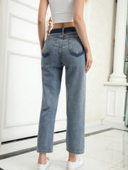 High Waist Side Panel Straight Jeans Loose Fit Denim Pants
