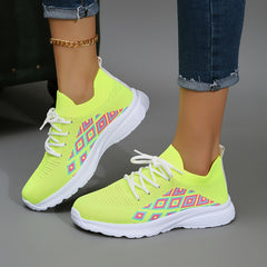 Women's Block Argyle Pattern Lace up Mesh Sneakers