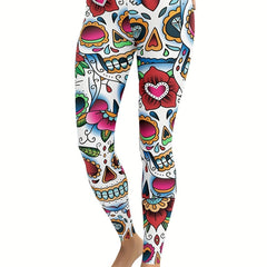 Skull & Flower Print Yoga Sports Pants Halloween Fitness Leggings