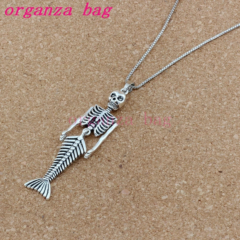 10pcs Mermaid Body Skull Charms Pendant Necklaces with Chains