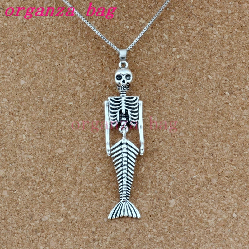 10pcs Mermaid Body Skull Charms Pendant Necklaces with Chains