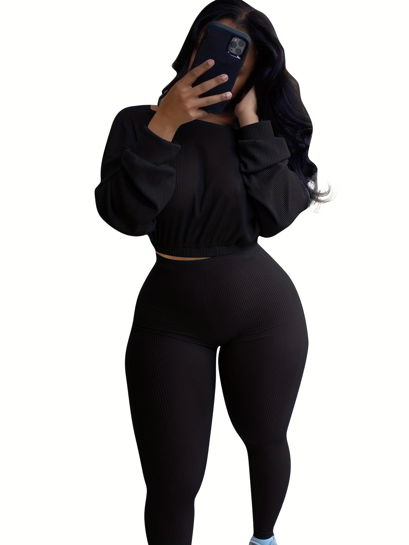 Ribbed Two piece Set Crop Top & High Waist Pants Outfits Women's Clothing