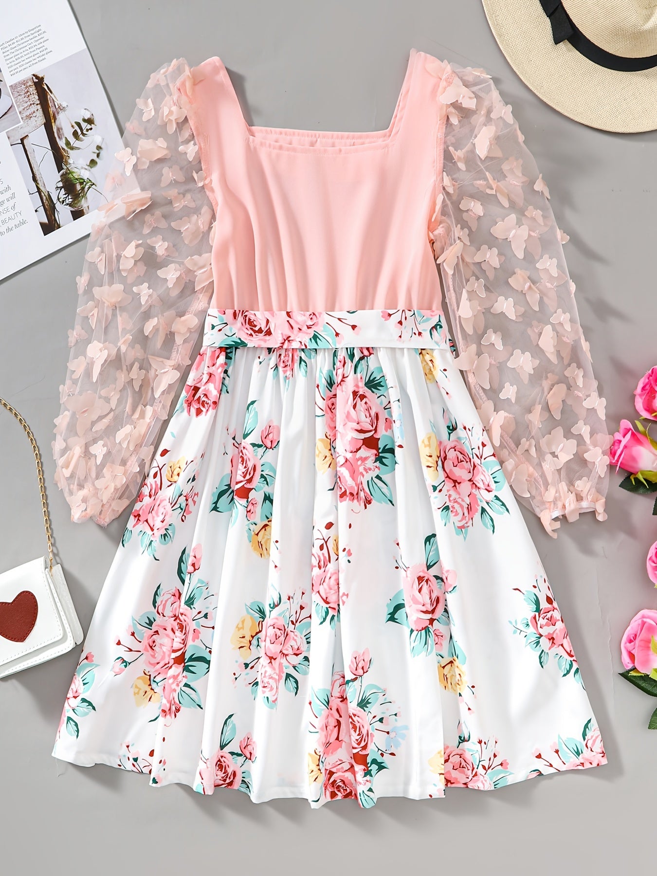 Girls Butterfly Lace Sleeve Floral Princess Dress For Party Vacation