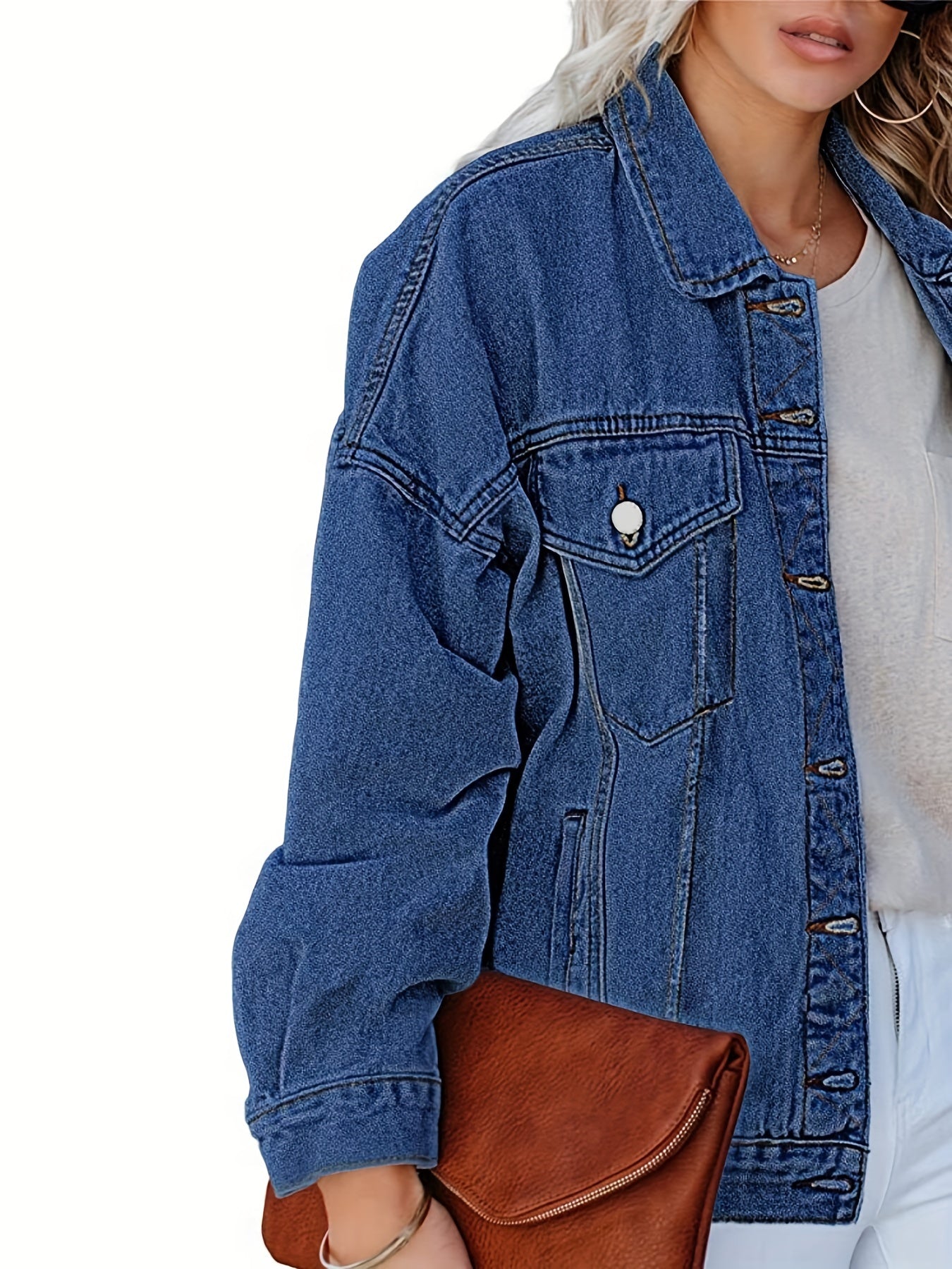 Women's Plus Denim Trucker Jacket Long Sleeve Button Up