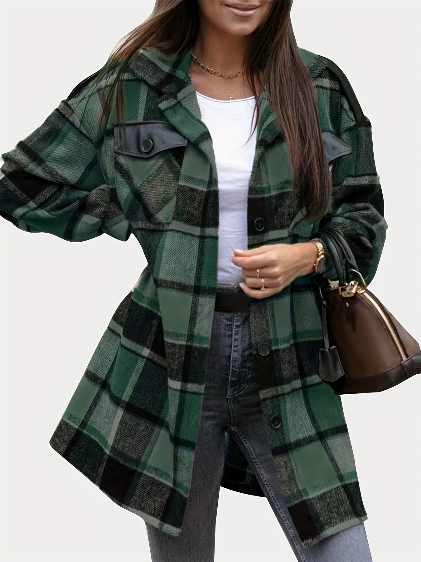 Plaid Print Shacket Jacket Long Sleeve Turn Down Collar Outerwear