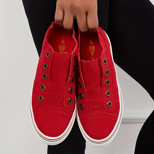 Women's Red Low Top Canvas Sneakers Round Toe Non Slip Walking Shoes