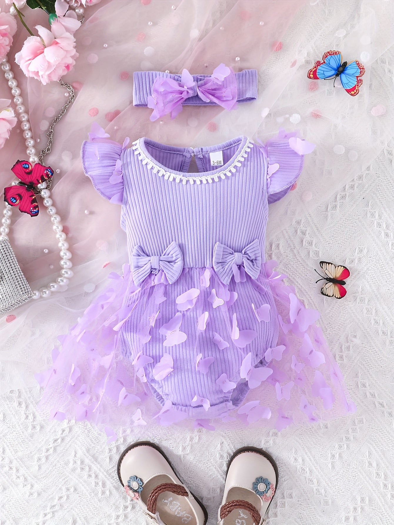 2pcs Baby Girls Butterfly Bowknot Onesie Dress & Headband Set