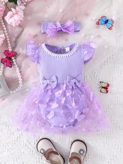 2pcs Baby Girls Butterfly Bowknot Onesie Dress & Headband Set