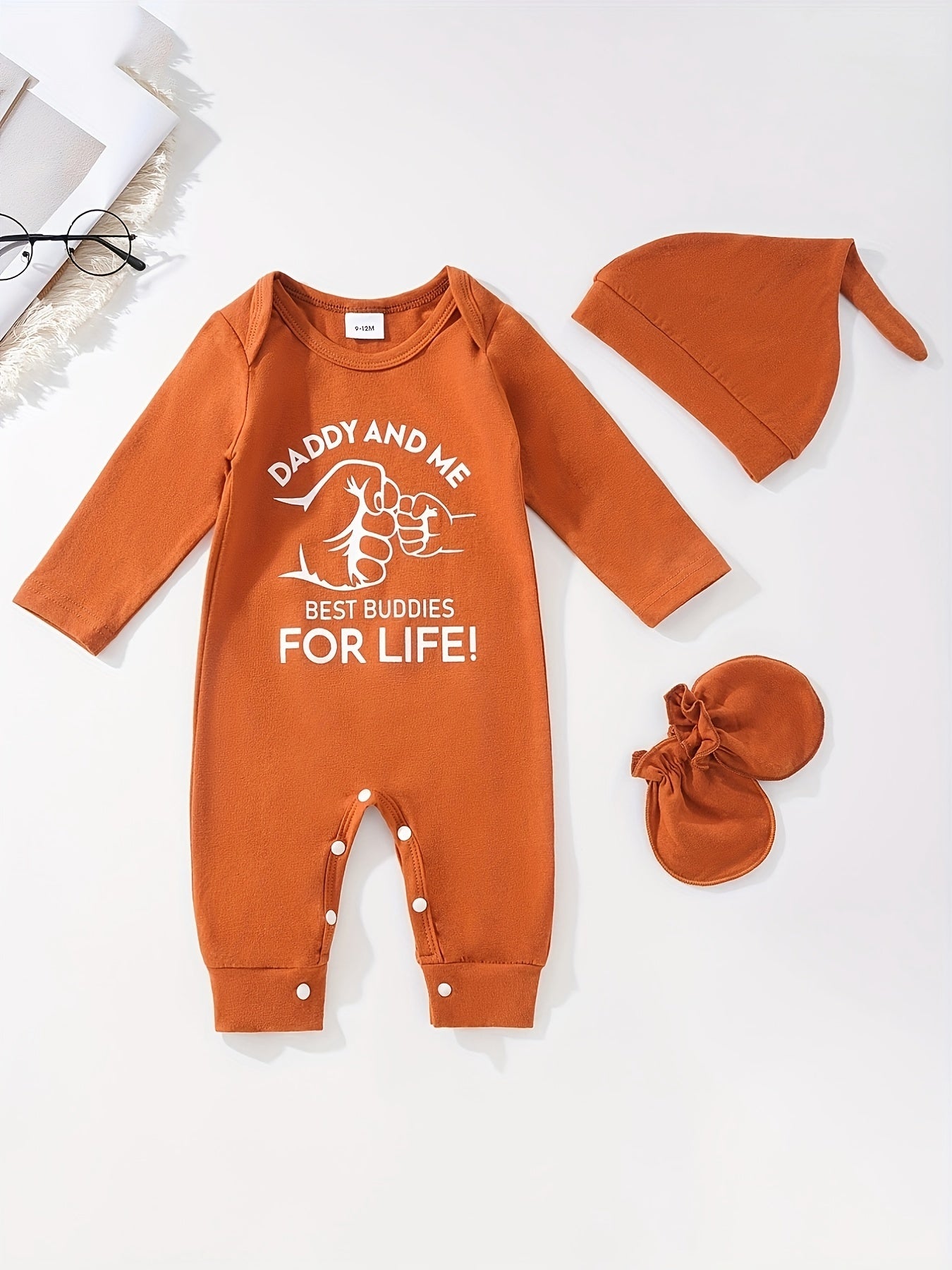 Baby Boys Casual Printed Long Sleeve Bodysuit Hat Gloves Set