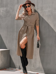 Women's Button Casual Slim Dress with Waist Tie