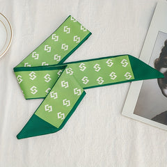 Green Geometric Print Skinny Satin Twilly Scarf Hair Ribbon Neckerchief