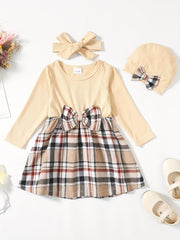 Baby Girls Plaid Bow Stitching Long Sleeve Dress