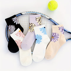 5 Floral Print Socks Comfy & Breathable Mid Tube Women's Stockings