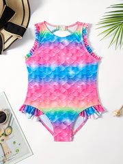 Girls Mermaid Fish Scale Print Tankini Swimsuit Sleeveless