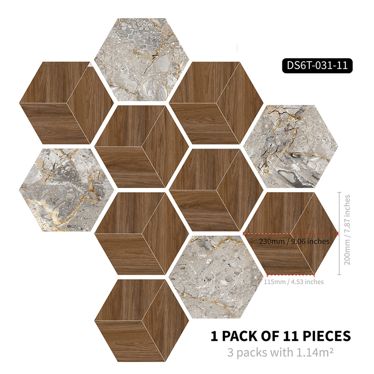 11pc Marble Wood Grain 3D Floor Sticker Hexagonal Tile Home Decor