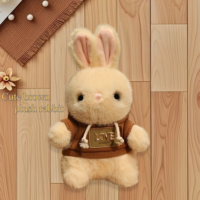 11.81In Plush Rabbit Doll Round Body Light Beige Fur Pink Ears Brown Hoodie