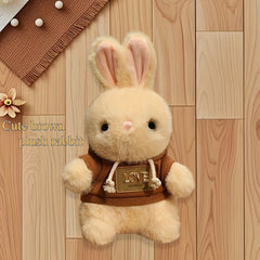 11.81In Plush Rabbit Doll Round Body Light Beige Fur Pink Ears Brown Hoodie