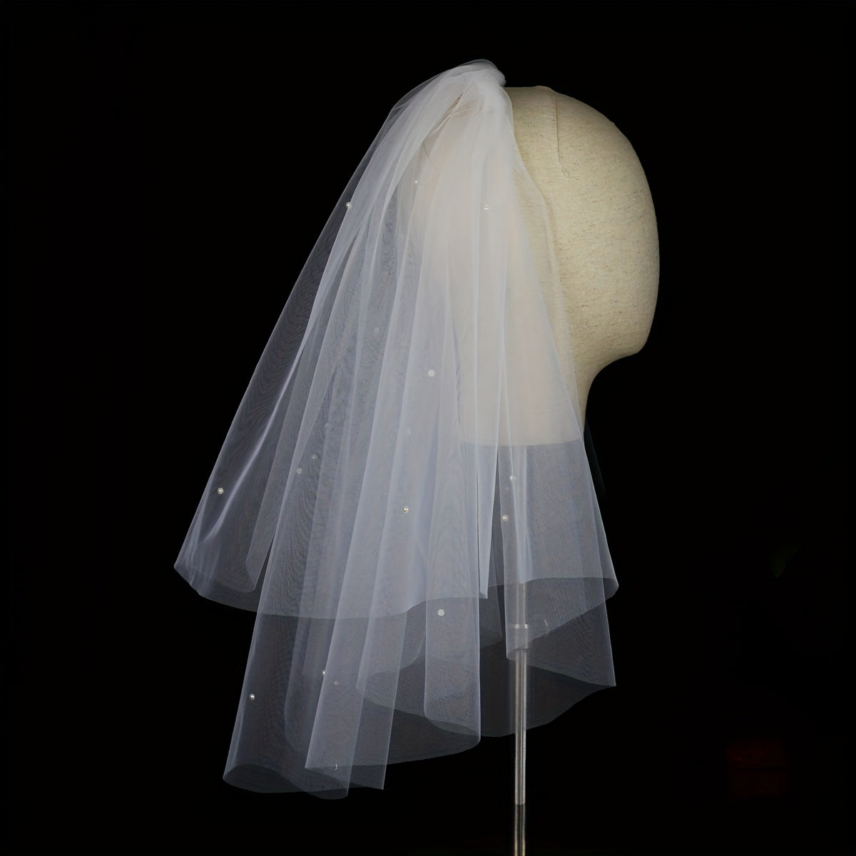 Double Layer Bridal Veil Faux Pearl Beads Mesh Head Piece Wedding