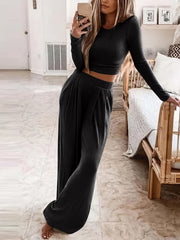Casual Two piece Set Crew Neck Long Sleeve Tops & High Waist Wide Leg Pants