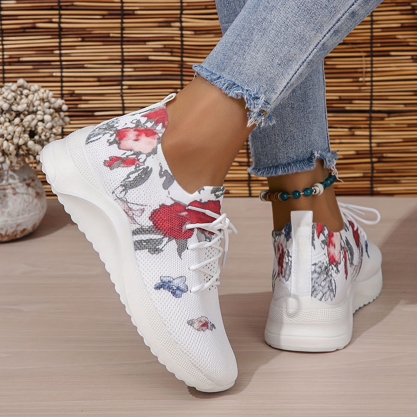 Women's Flower Pattern Platform Sneakers Lace Up Casual Outdoor Shoes