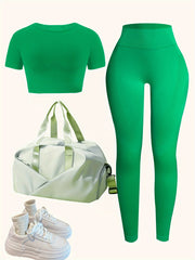 2pcs Set Short Sleeve Yoga Top & High Waist Leggings Women's Activewear
