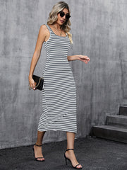 Striped Print Split Dress Sexy Squared Neck Sleeveless Dress Women's Clothing