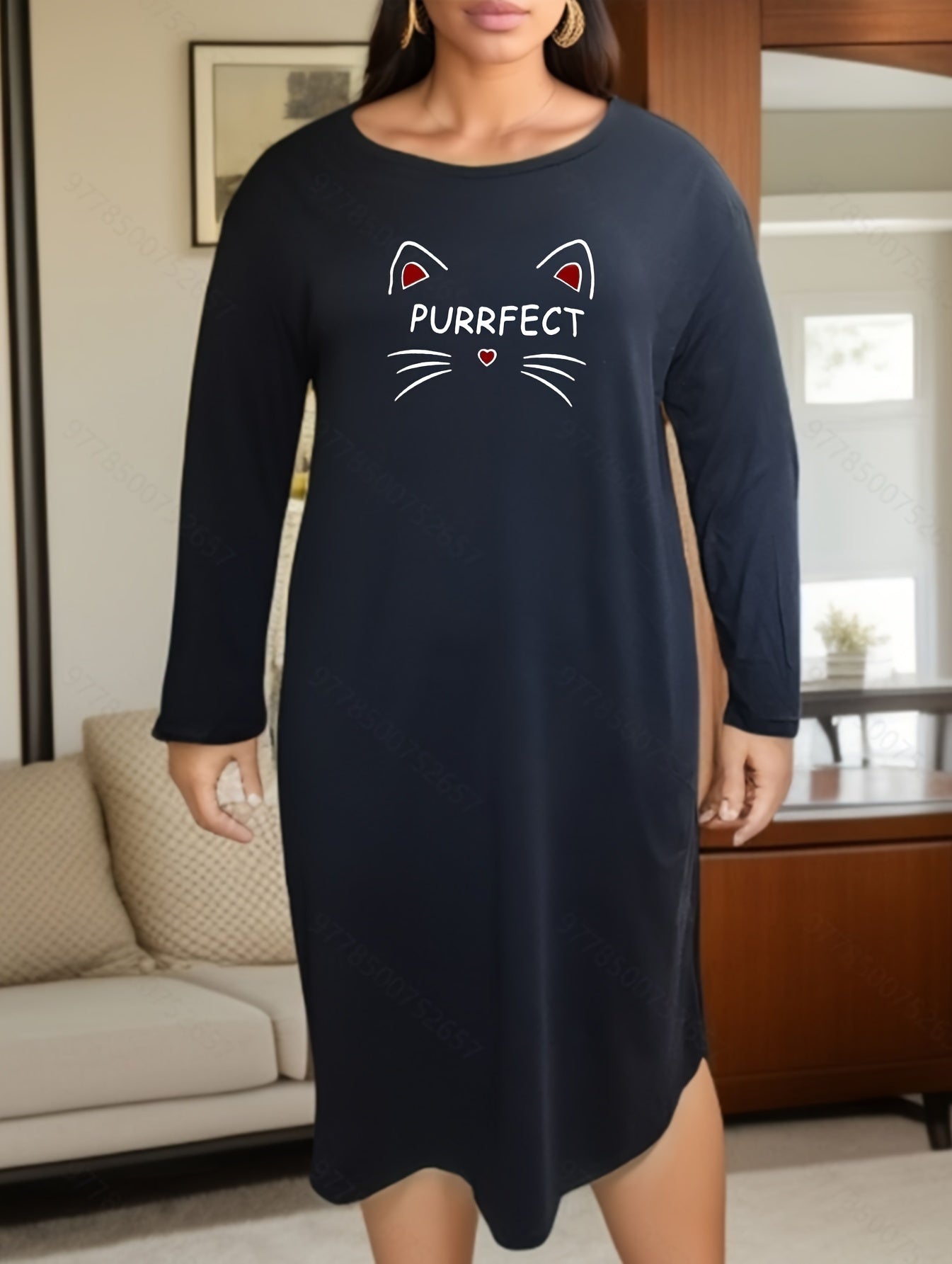 Cat Print Long Sleeve Lounge Dress