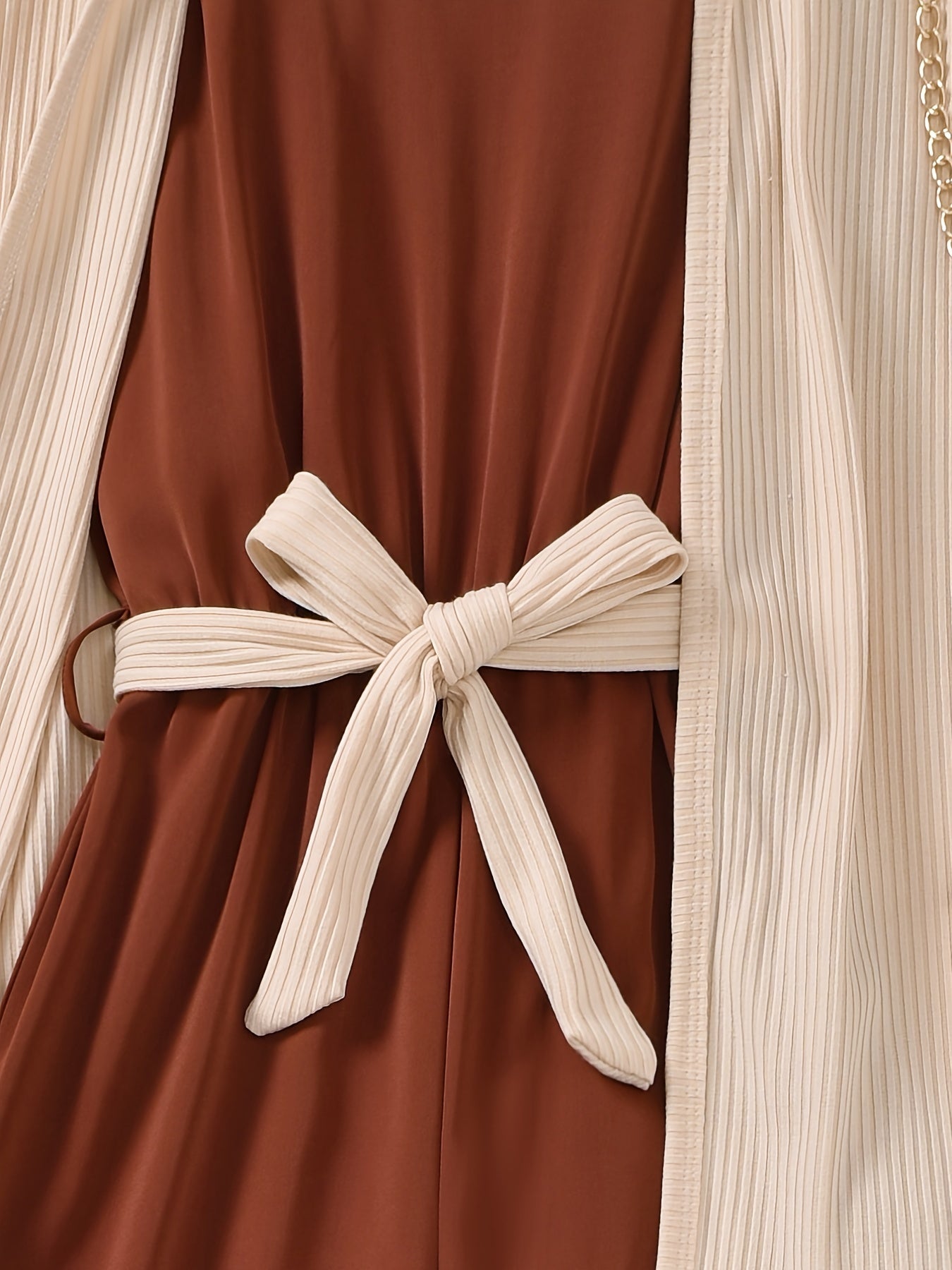 3pcs Girls Cotton Coat & Brown Jumpsuit Set with Bow Belt