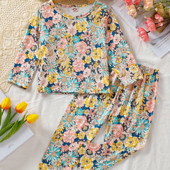 Girl's 2-Piece Floral Pajama Set Long Sleeve Top & Pants Loungewear