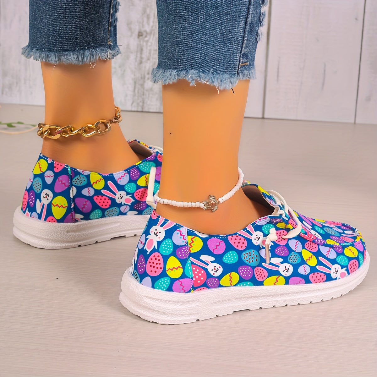 Women's Easter Eggs & Rabbit Graphic Canvas Shoes Lace up Flats