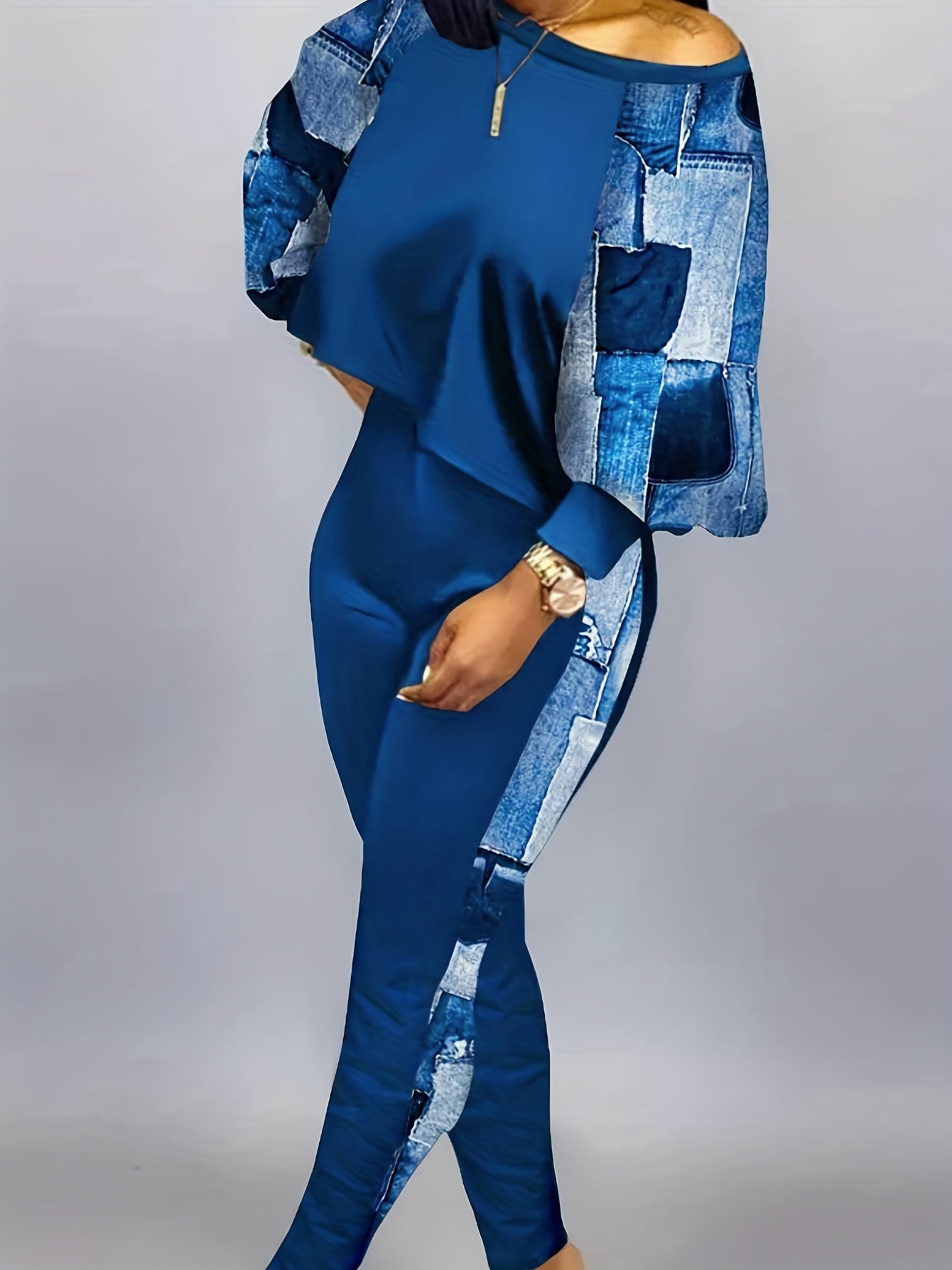Patchwork Casual Two piece Set Crew Neck Long Sleeve Tops & Long Length Pants