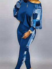 Patchwork Casual Two piece Set Crew Neck Long Sleeve Tops & Long Length Pants