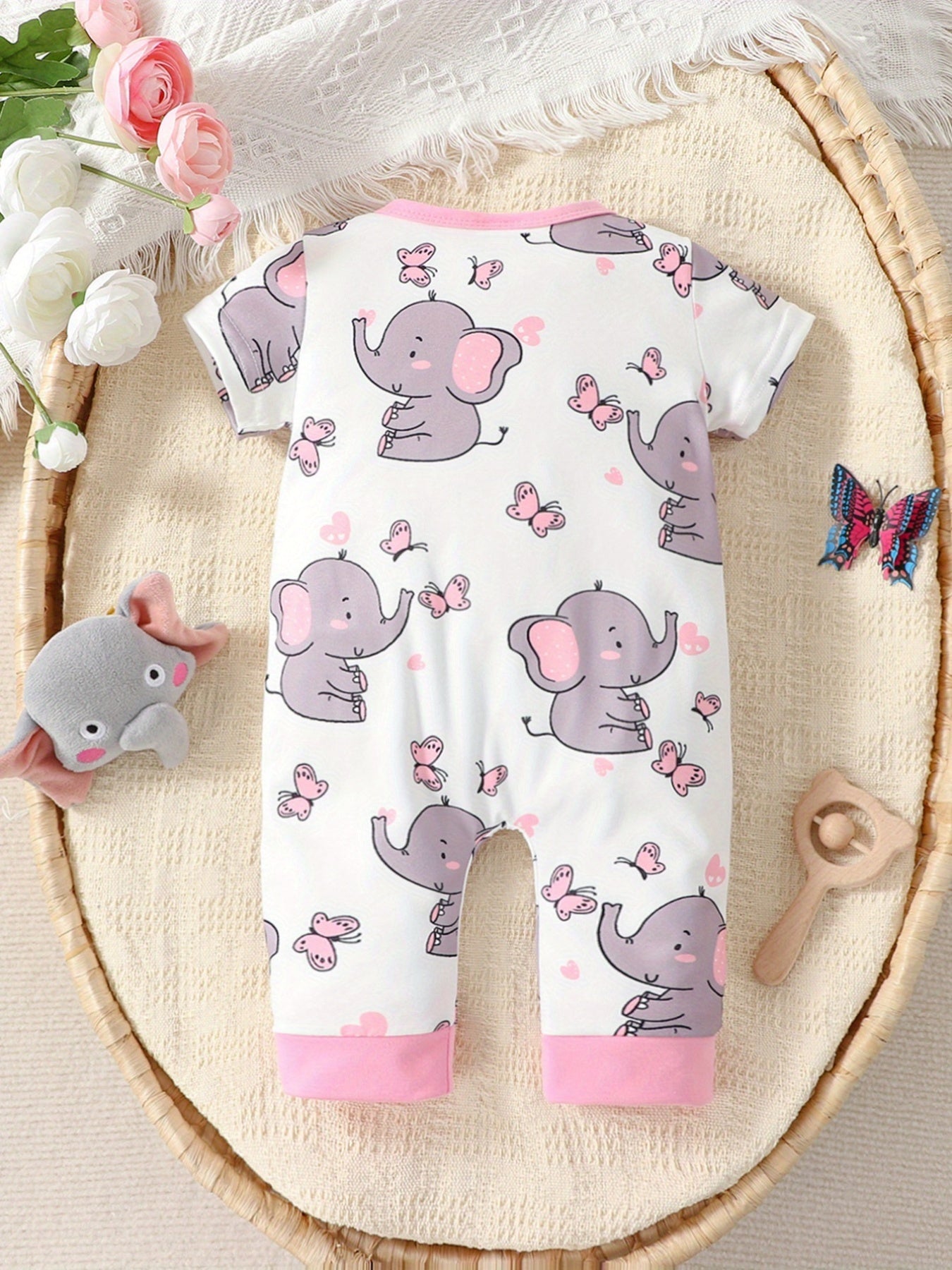 Elephant Print Short Sleeve Romper Jumpsuit for Baby Girls and Boys