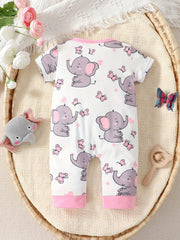 Elephant Print Short Sleeve Romper Jumpsuit for Baby Girls and Boys