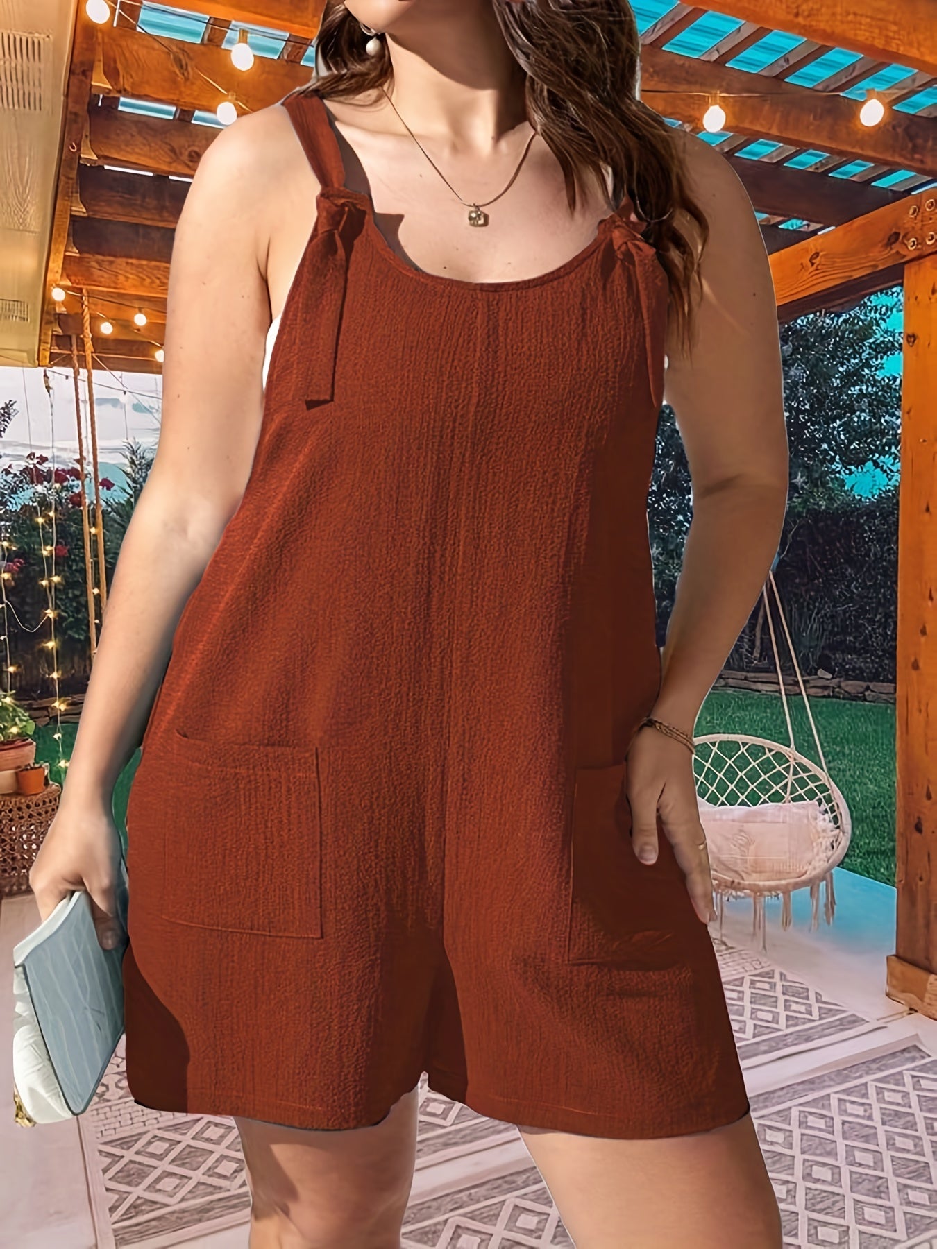 Solid Tie Straps Tank Romper With Pockets