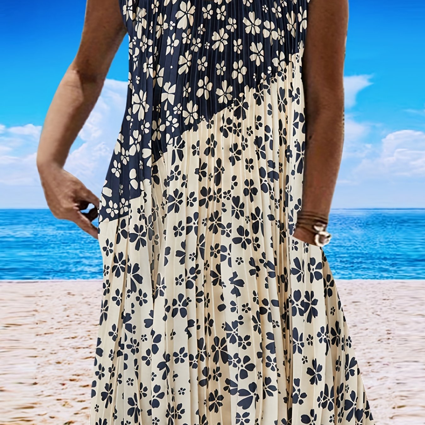 Colorblock Floral Tank Dress with Pockets