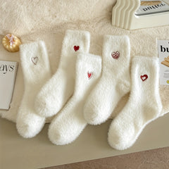 5 Pairs Heart Embroidery Socks Warm & Comfy Fuzzy Stockings
