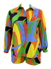 Colorblock Button Up Blouse & Shorts Set