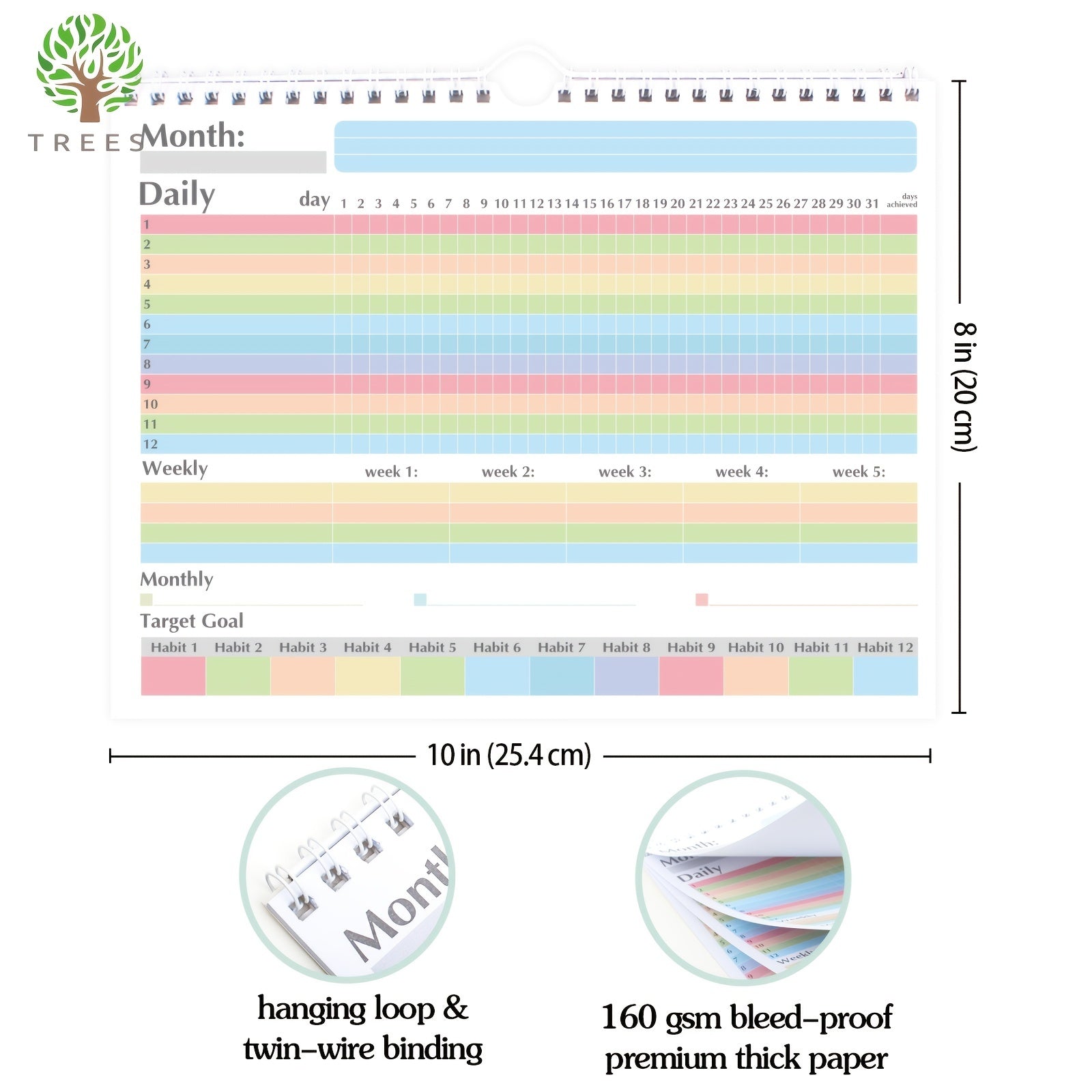 Trees Habit Tracker Wall Calendar & Journal Spiral Binding 10.8 Inches
