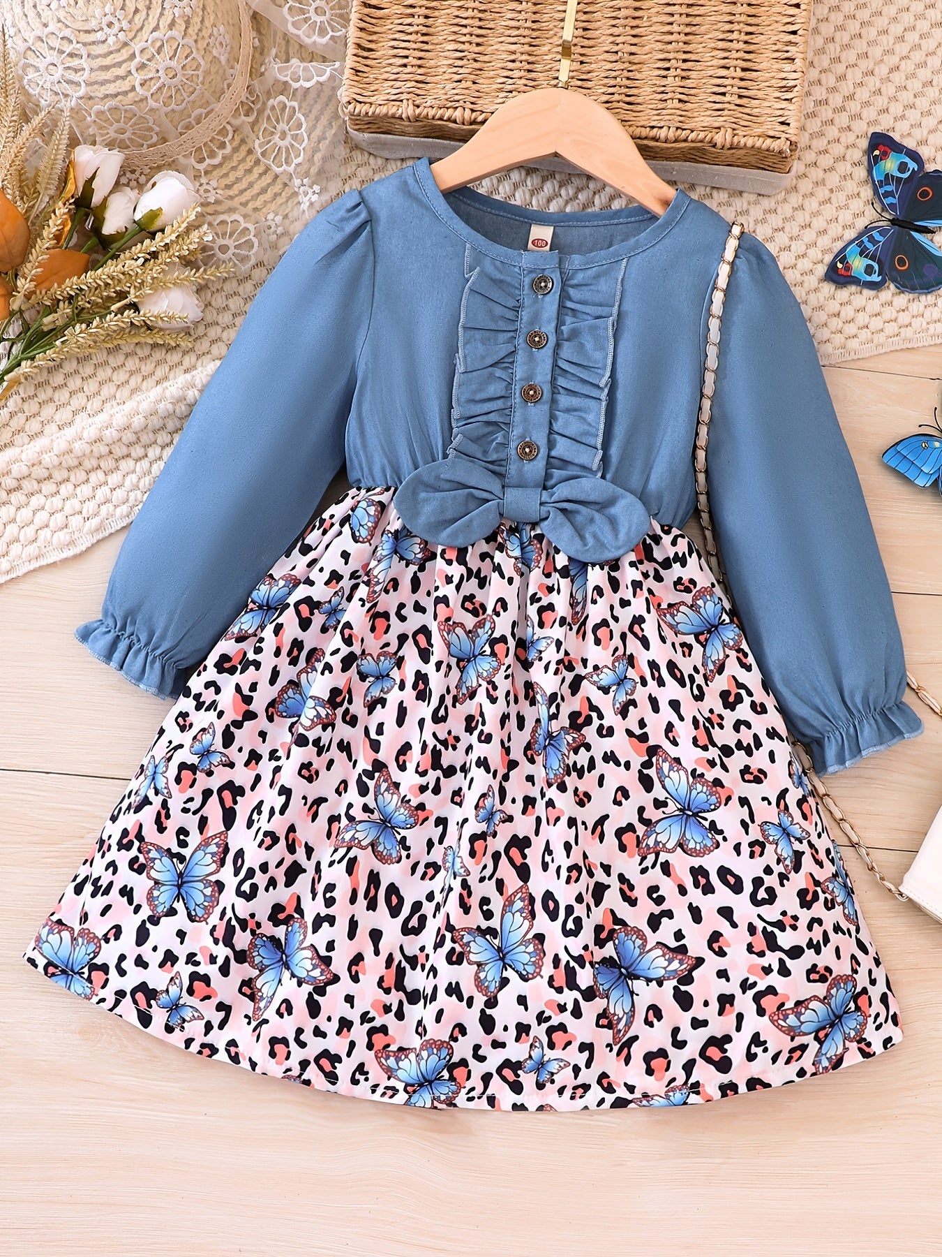 Girl's Sleeveless Denim Leopard Print Dress