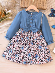Girl's Sleeveless Denim Leopard Print Dress