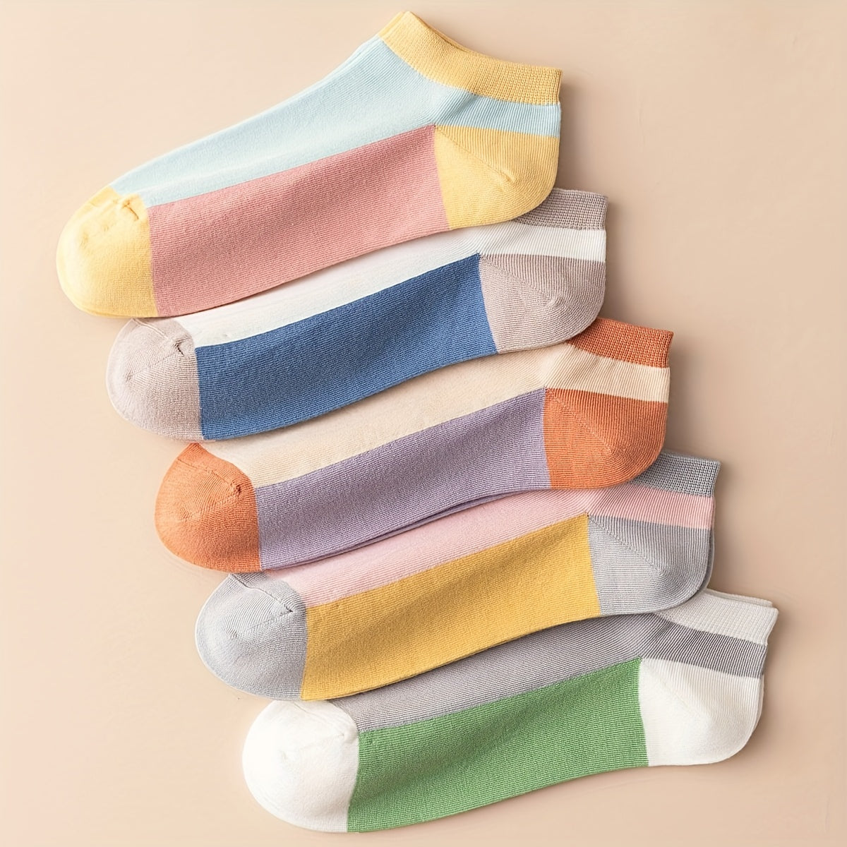 5 Pairs Colorblock Ankle Socks & Low Cut Crew Socks Women's Stockings