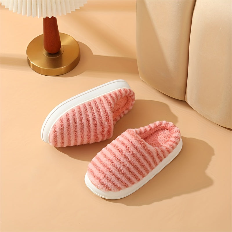 Women's Stripe Pattern Fuzzy Slippers Plush Lined Indoor Shoes