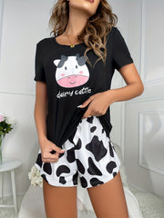 Cow Print Pajamas Set Short Sleeve Top & Spot Shorts Women's Sleepwear