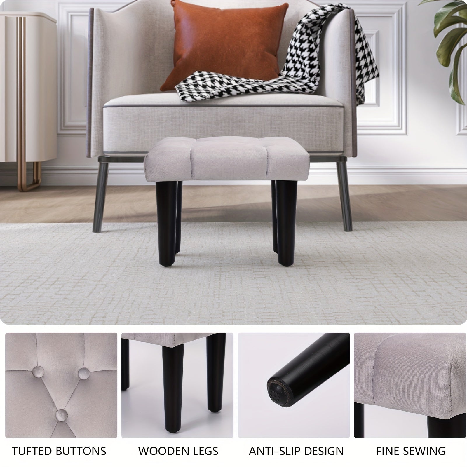 Velvet Small Footstool Ottoman with Wood Legs