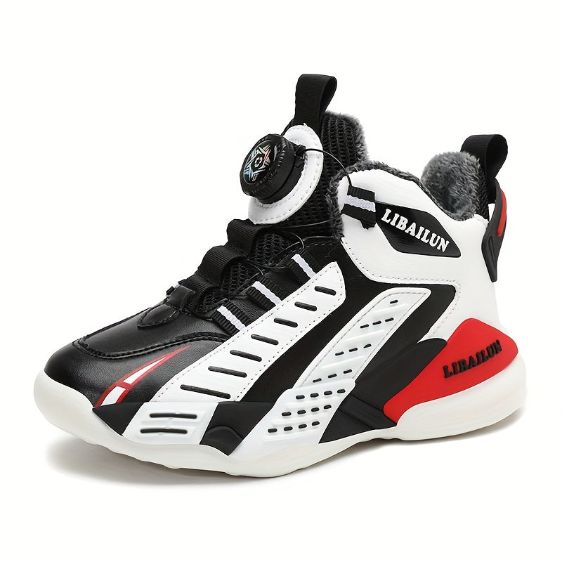 Boy's Basketball Shoes With Rotating Buckle Non Slip Sneakers