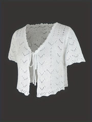 Solid Pointelle Scallop Trim Short Sleeve V Neck Crop Cardigan