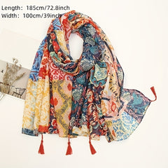 Boho Flower Print Scarf Vintage Tassel Shawl Windproof Head Wrap