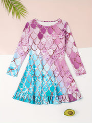Dreamy Girls Gradient Fish Scale Print Long Sleeve Dress